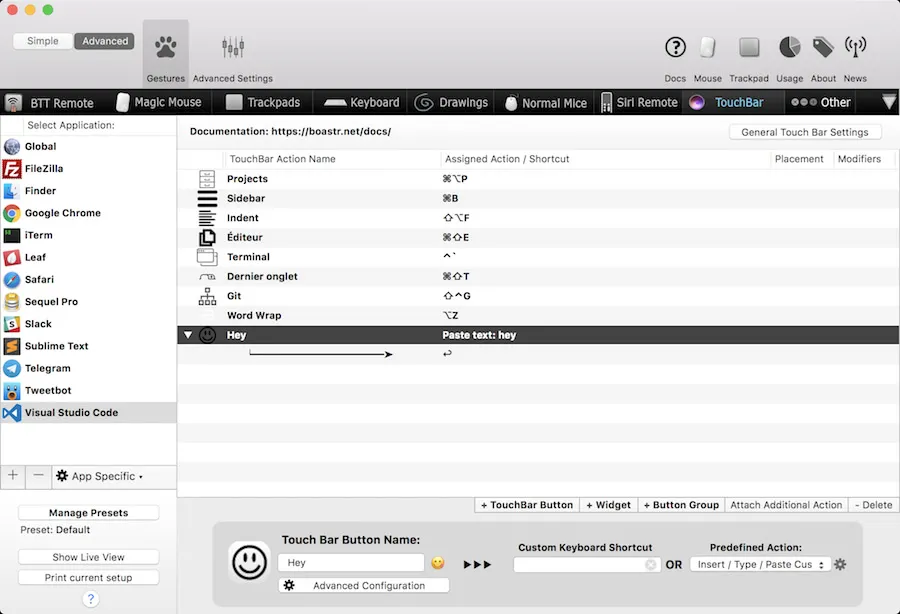 Interface de better touch tool