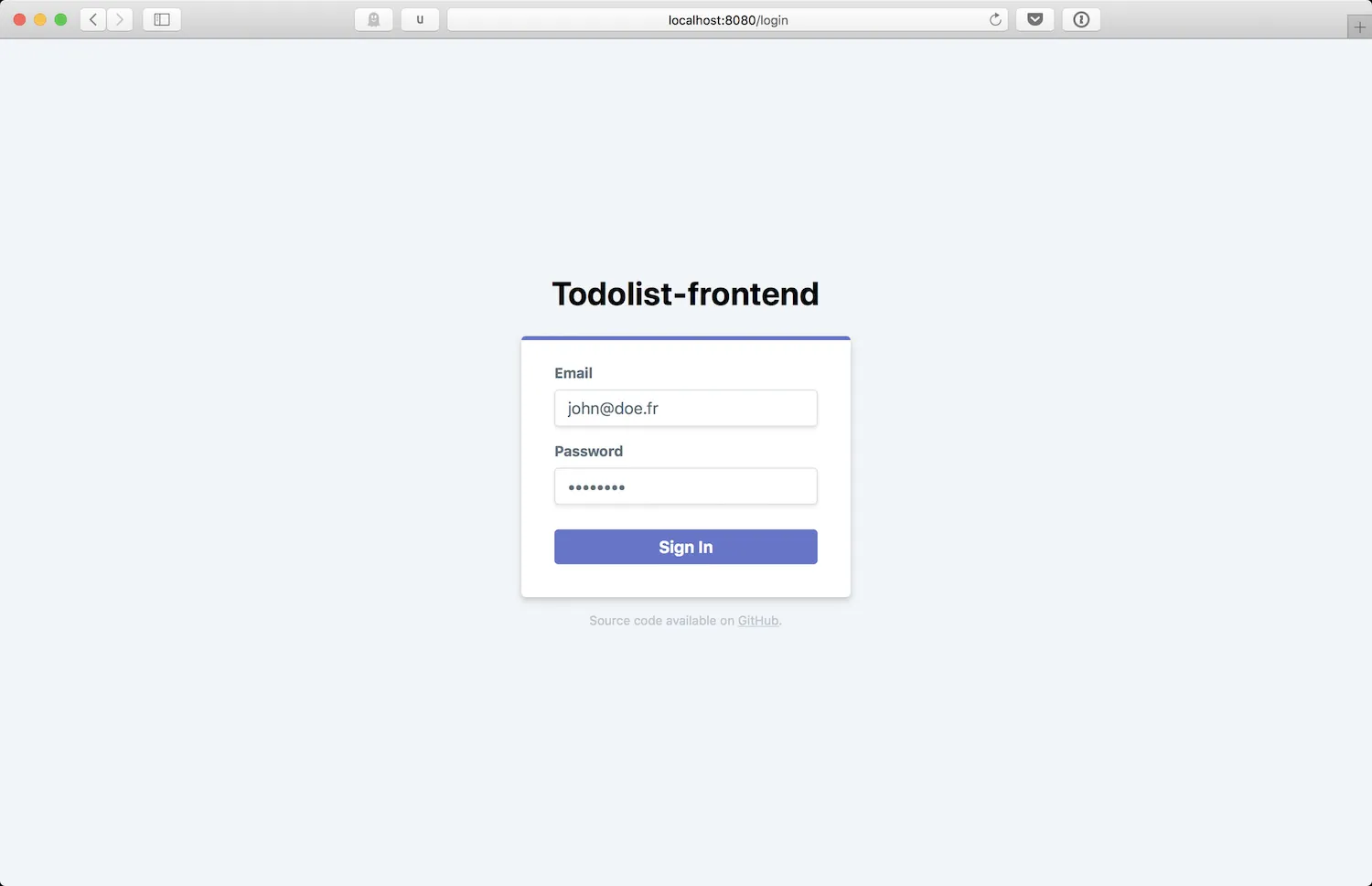 Login page of Todolist front-end