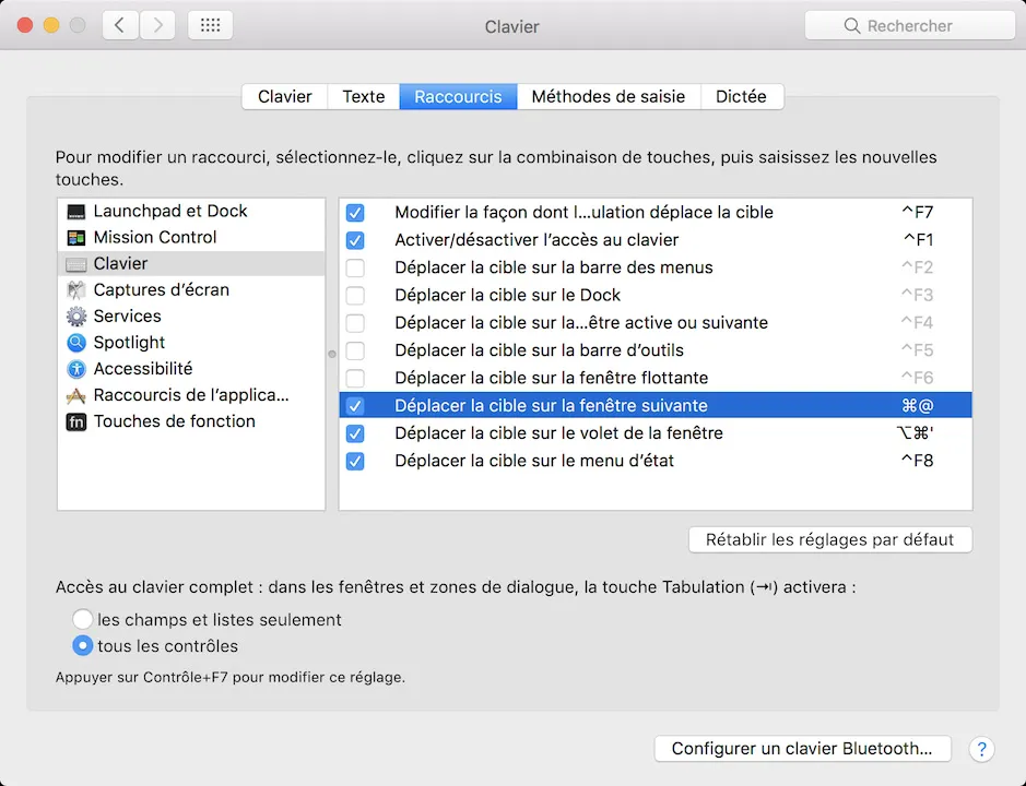 Keyboard preferences window
