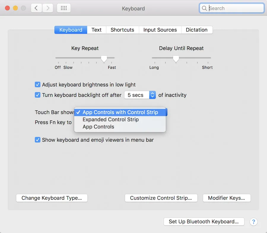 Les modes d'affichage de la Touch Bar