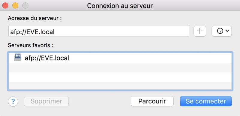 Écran de connexion à un serveur